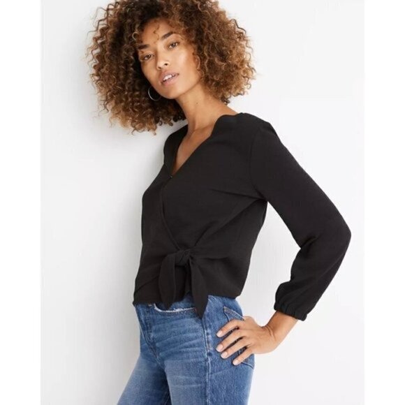 Madewell Texture & Thread Black Crepe Wrap Long Sleeve Top M - Picture 2 of 7
